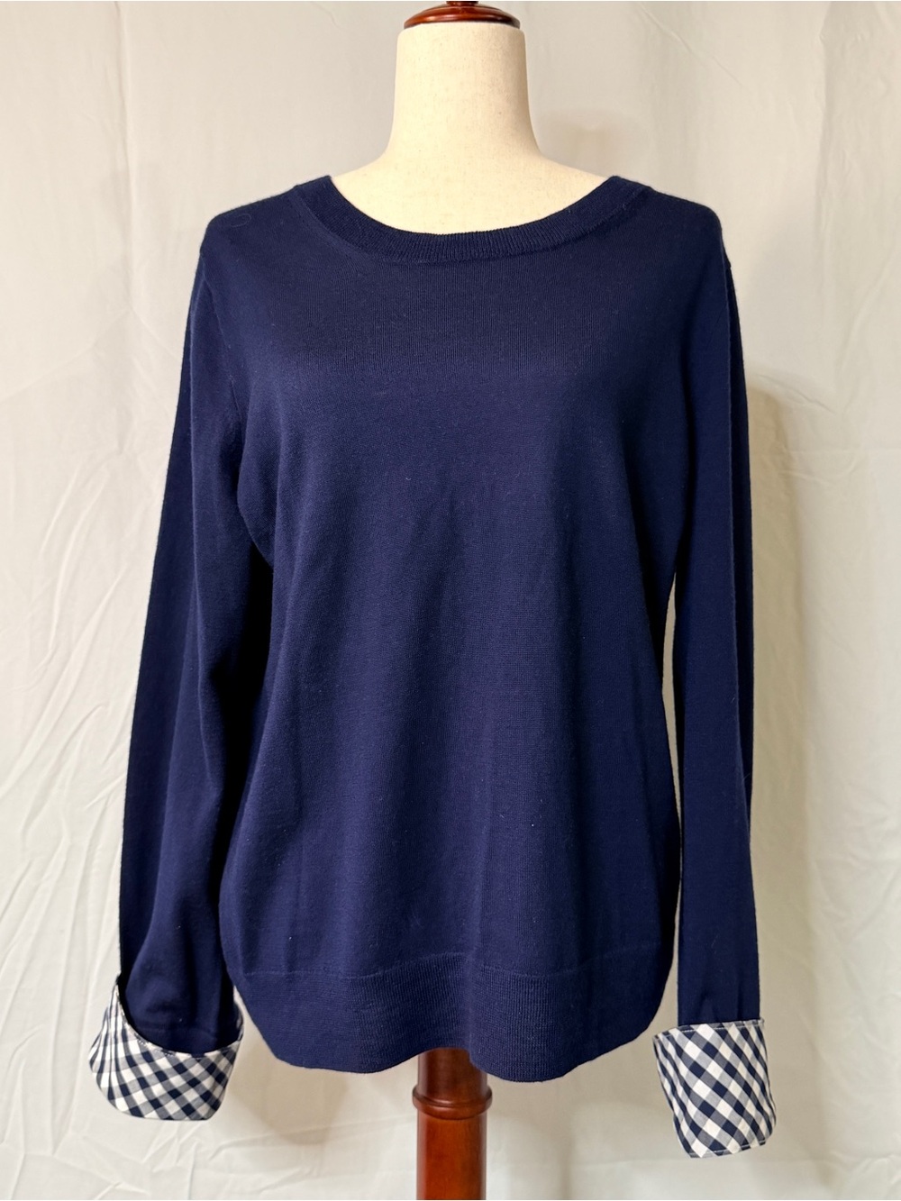 J. Crew Navy Crewneck Sweater with gingham cuffs. 100% merino wool. Luxurious